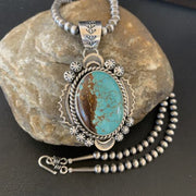 Men's Navajo Pearls Necklace | Sterling Silver | Blue #8 Turquoise Pendant | Authentic Native American Handmade | 10867