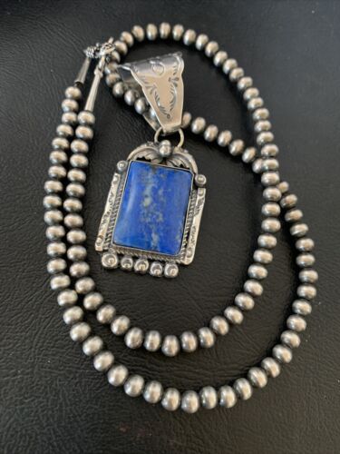 Navajo Denim Lapis Necklace with Pendant | Sterling Silver Pearls | Authentic Native American Handmade | 12440