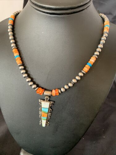 Navajo Turquoise Spiny Oyster Inlay Pendant | Sterling Silver | Authentic Native American Handmade | 11801