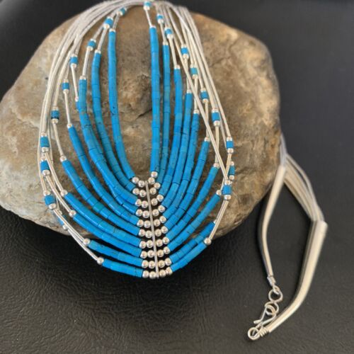 Liquid Silver Heishi 10-Strand Necklace | Sterling Silver Pendant with Turquoise | 12295