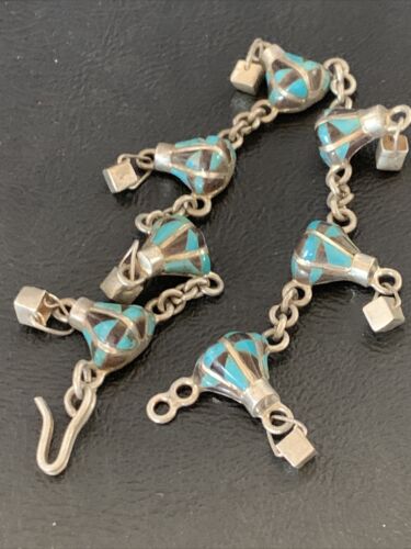 Navajo Blue Turquoise Lapis Inlay Link Bracelet | Sterling Silver | 7" | Authentic Native American Handmade | 12925