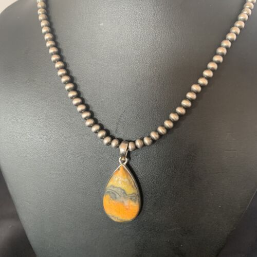 Navajo Bumblebee Jasper Pendant Necklace | Sterling Silver | Authentic Native American Handmade | 12729