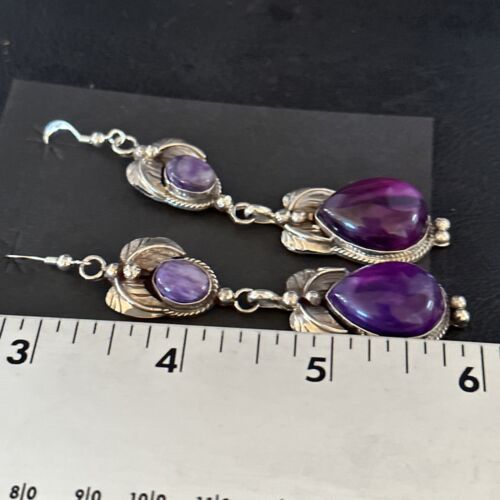 Navajo Purple Sugilite Dangle Earrings | Sterling Silver | 2" | Authentic Native American Handmade | 14401