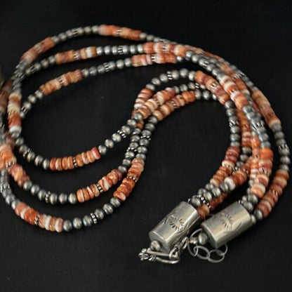 Navajo Pearls Necklace | Sterling Silver | Orange Spiny Oyster | 3-Strand | 22" | 14675