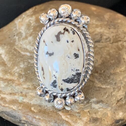 Navajo White Buffalo Turquoise Ring | Sterling Silver | Sz 7.5 | Authentic Native American Handmade | 13352