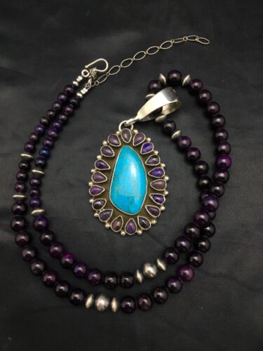 Navajo Purple Sugilite Turquoise Necklace | Sterling Silver | 23" | Authentic Native American Handmade  | 1001