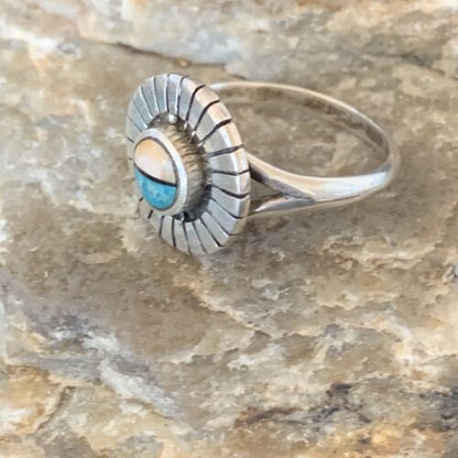 Southwestern Women's Navajo Blue Turquoise Pink Coral Inlay Ring | Sz 7.5 | 11206