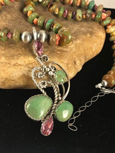 Navajo Green Turquoise & Spiny Oyster Pendant Necklace | Authentic Native American Sterling Silver | Multi-Stone | 8488