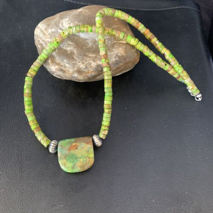Navajo Green Gaspeite Turquoise Pendant | Sterling Silver | Authentic Native American Handmade | 13900