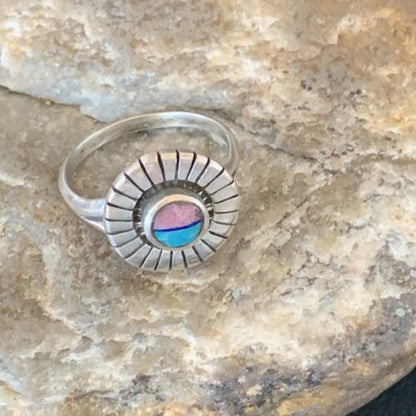 Navajo Blue Turquoise Coral Inlay Ring | Sz 7.5 | Authentic Native American Handmade | 11204