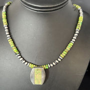 Navajo Green Turquoise Inlay Pendant Necklace | Sterling Silver | 22" | Authentic Native American Handmade | 14610
