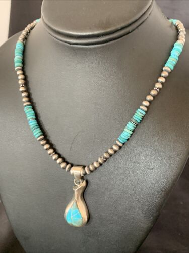 Navajo Pearl Necklace with Blue Turquoise Pottery Pendant | Sterling Silver | Authentic Native American Handmade | 12502