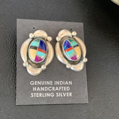 Native American Women's Sterling Silver Blue Turquoise Multi-Color Earrings | Handmade | 13015