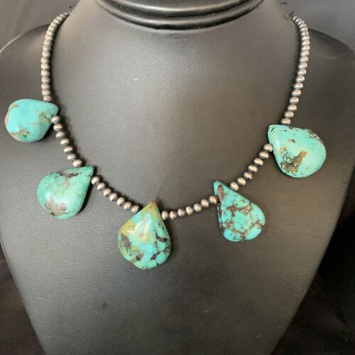 US Teardrop Blue Turquoise Necklace Navajo Pearls Sterling Silver 20" 13966