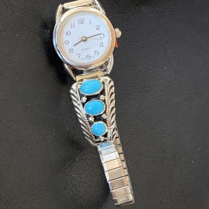 Navajo Sterling Silver Watch Tips | Blue Kingman Turquoise Band | Authentic Native American Jewelry | 11640