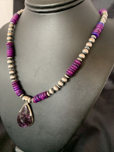 Navajo Pearls Purple Sugilite Necklace Pendant | Sterling Silver | Authentic Native American Handmade | 10329
