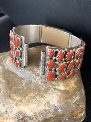 Old Pawn Men's Navajo Sterling Silver Watch Bracelet with Red Coral | Authentic Native American Jewelry | 12152