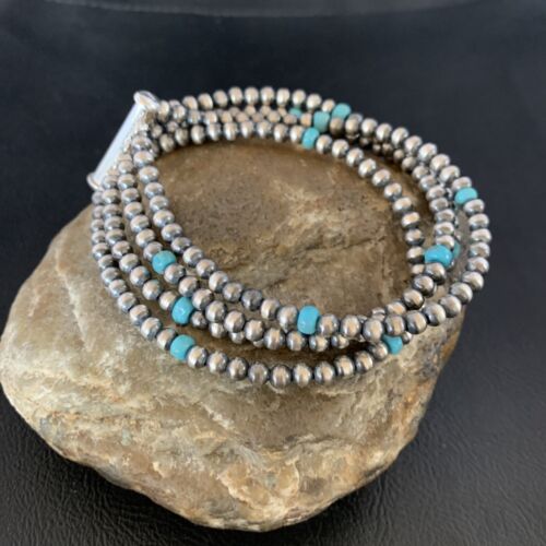 Navajo Pearls Blue Turquoise Bracelet | Sterling Silver | 4-Strand | Authentic Native American Handmade | 13148