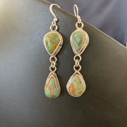 Native American Green Royston Turquoise Dangle Earrings | Navajo Handmade Sterling Silver | 1585