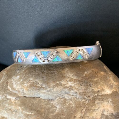 Navajo Blue Fire Opal Inlay Bracelet | Sterling Silver | 7" | Authentic Native American Handmade | 13126