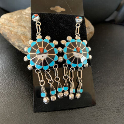 Zuni Sun Face Dangle Earrings | Kingman Turquoise & Black Onyx | Sterling Silver | 12127