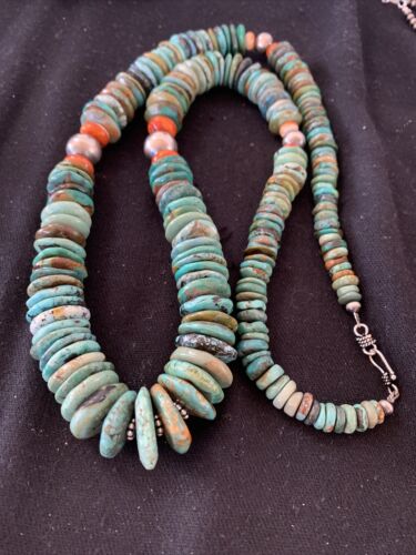 Navajo Graduated Green Turquoise Necklace | Sterling Silver |Authentic Native American | 21" | 00798