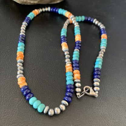 Navajo Blue Lapis Turquoise Orange Spiny Oyster Necklace | Sterling Silver | 22" | 13364 - Masha USA