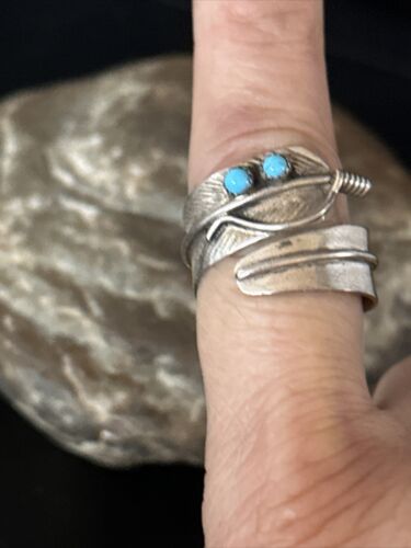 Navajo Blue Kingman Turquoise Feather Ring | Authentic Native American Sterling Silver | Multi-Stone | Sz 9 | 14793