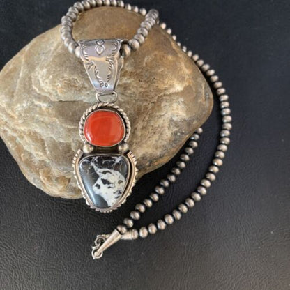 Navajo White Buffalo Turquoise Coral Pendant | Sterling Silver | Multi-Stone Necklace | 13579
