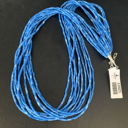 Navajo Stabilized Denim Lapis Heishi Necklace | 10 Strand | Sterling Silver Tube | 24" | 13421
