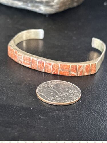 Authentic Native American Navajo Sterling Silver Bracelet | Red Spiny Oyster Inlay | Old Pawn | 14532