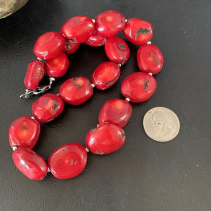Native American Navajo Red Coral Bead Necklace | Sterling Silver | 18" | 13407
