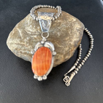 Navajo Pearls Red Spiny Oyster Necklace Pendant | Sterling Silver | Authentic Native American Handmade | 14724 - Masha USA