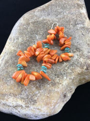 Navajo Orange Coral Turquoise Earrings Set | Sterling Silver | Authentic Native American Handmade | 1776