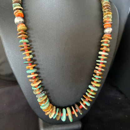 Navajo Turquoise & Red Spiny Oyster Necklace | Sterling Silver | Authentic Native American | 32" | 14379