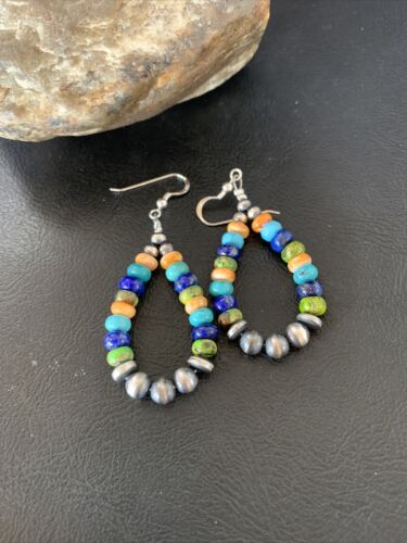 Navajo Multi-Color Lapis Spiny Turquoise Dangle Earrings | Sterling Silver | Authentic Native American Handmade | 12977