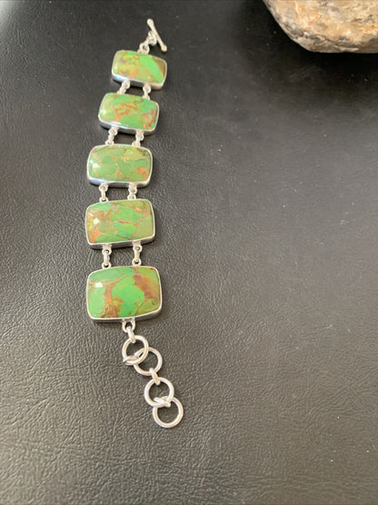 Navajo Green Mojave Turquoise Link Bracelet | Sterling Silver | 8" | Authentic Native American Handmade | 11645