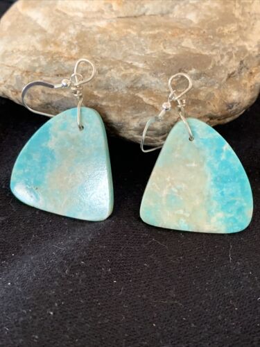 Southwestern Navajo Slab Turquoise Dangle Earrings | Sterling Silver | Authentic Native American Handmade | 1320