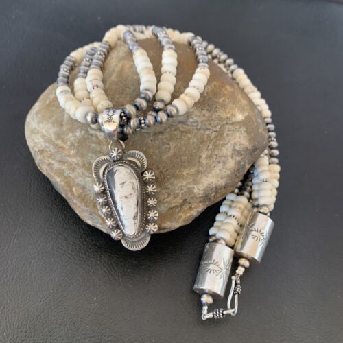 Navajo White Buffalo Turquoise Pendant Necklace | Sterling Silver | 3-Strand | Authentic Native American Handmade | 10642