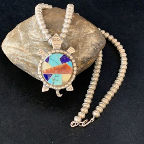 USA Turtle Inlay Pendant Navajo Lapis Turquoise Sterling Necklace 24" 13680