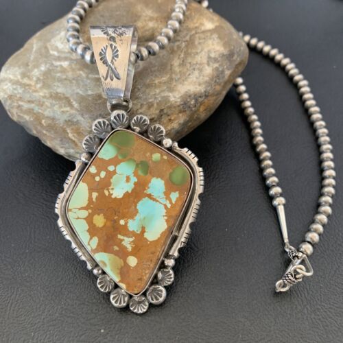 Navajo Royston Turquoise Pendant Men's Necklace | Sterling Silver | Native American Handmade | 10428