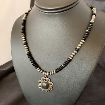 Navajo Pearl Necklace Pendant | Authentic Native American Sterling Silver Black Onyx | Multi-Stone | 22" | 12270
