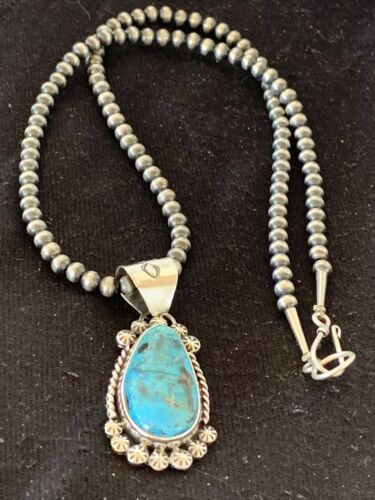 Men's Navajo Pearls Necklace with Blue Kingman Turquoise Pendant | Sterling Silver | Native American Handmade | 12962 - Masha USA
