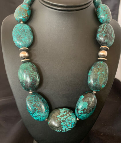 Chunky Navajo Pearl Graduated Turquoise Necklace | Sterling Silver | Authentic Native American Jewelry | 21" | 11904