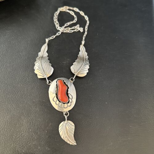 Navajo Red Coral Pendant Necklace | Sterling Silver | Authentic Native American Handmade | 18" | 14481