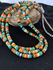Navajo Green Turquoise, Lapis & Spiny Oyster Necklace | Sterling Silver | Authentic Native American Handmade | 3238