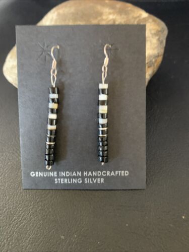 Navajo Black Onyx White Mother of Pearl Earrings | Sterling Silver | 1.5" | Authentic Native American Handmade | 13056