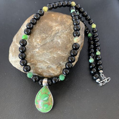 Navajo Pearls Onyx Mojave Turquoise Pendant Necklace | Sterling Silver | Authentic Native American Handmade | 10346