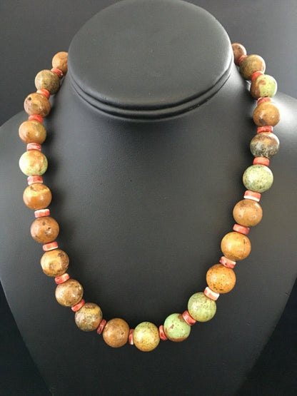 Navajo Green Turquoise & Orange Spiny Oyster Necklace | Sterling Silver | 17" | Authentic Native American Handmade | 1742
