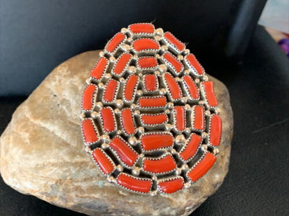 Navajo Red Coral Cluster Ring | Authentic Native American Sterling Silver | Multi-Stone | Sz 7 | 12230